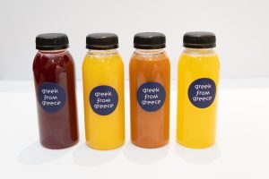 Fresh Cold press juice selection at Greek From Greece Midtown Manhattan